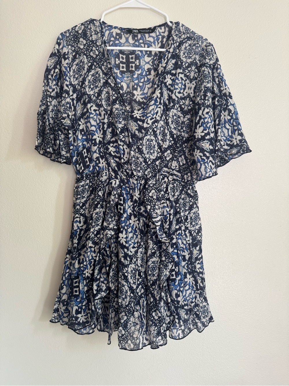 Zara Blue and White Printed Mini Dress